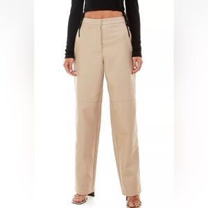 Wayf Robertson Faux Leather Straight Leg Trouser Pants Cream Beige High Rise MD